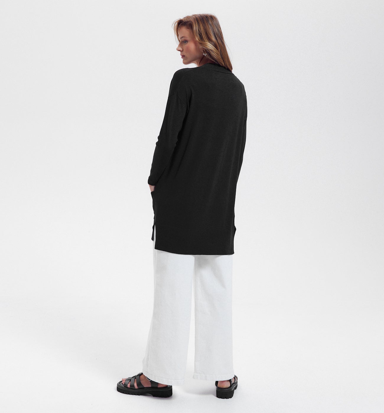 Long gilet en maille fine - Noir