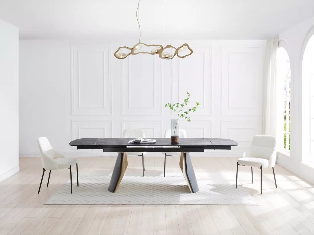 Table à manger extensible 6 à 10 personnes en céramique, verre trempé et métal - Effet marbre noir et doré - ZINORIA de Maison Céphy