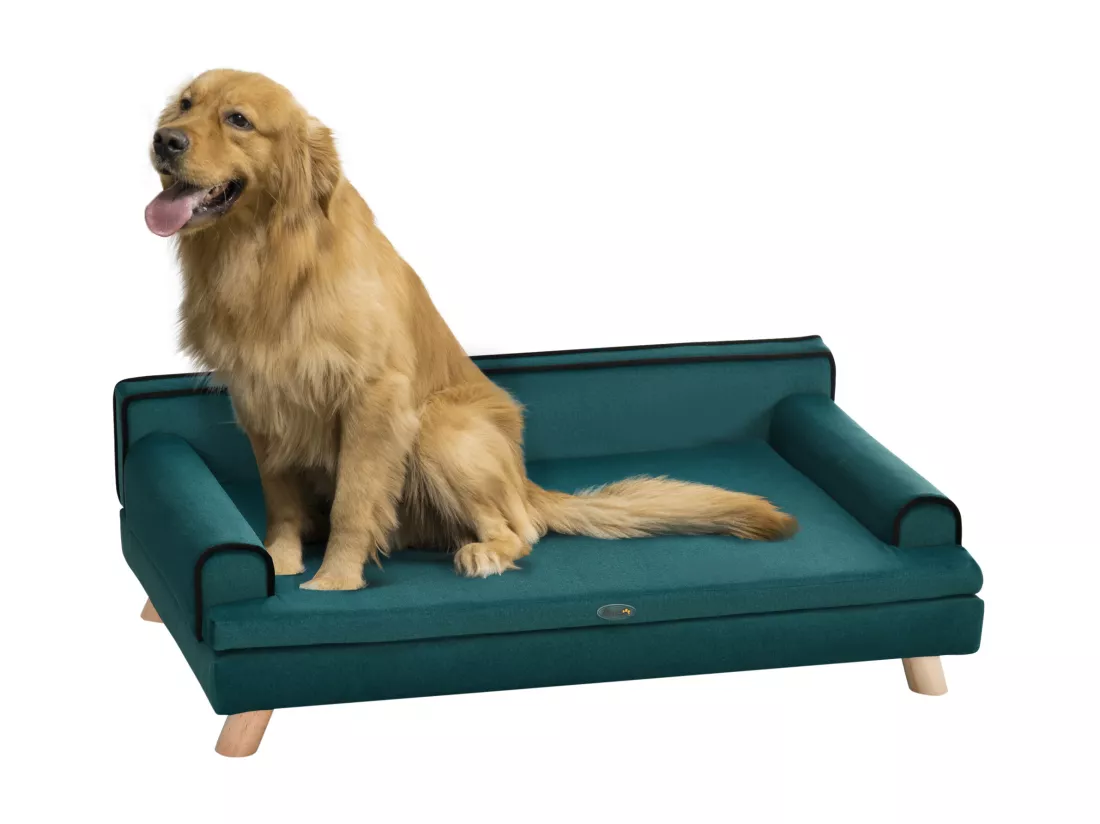 Canapé chien lit pour chien design scandinave coussin moelleux piètement bois dim. 100L x 62l x 32H cm polyester bleu canard
