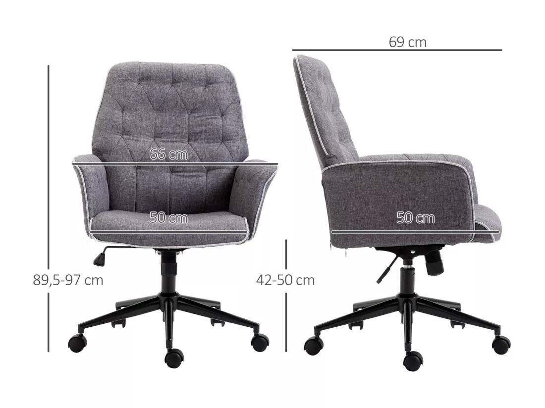 Fauteuil de bureau chaise de bureau hauteur réglable roulettes pivotant 360° tissu chanvre 69L x 66l x 89,5-97H cm gris chiné