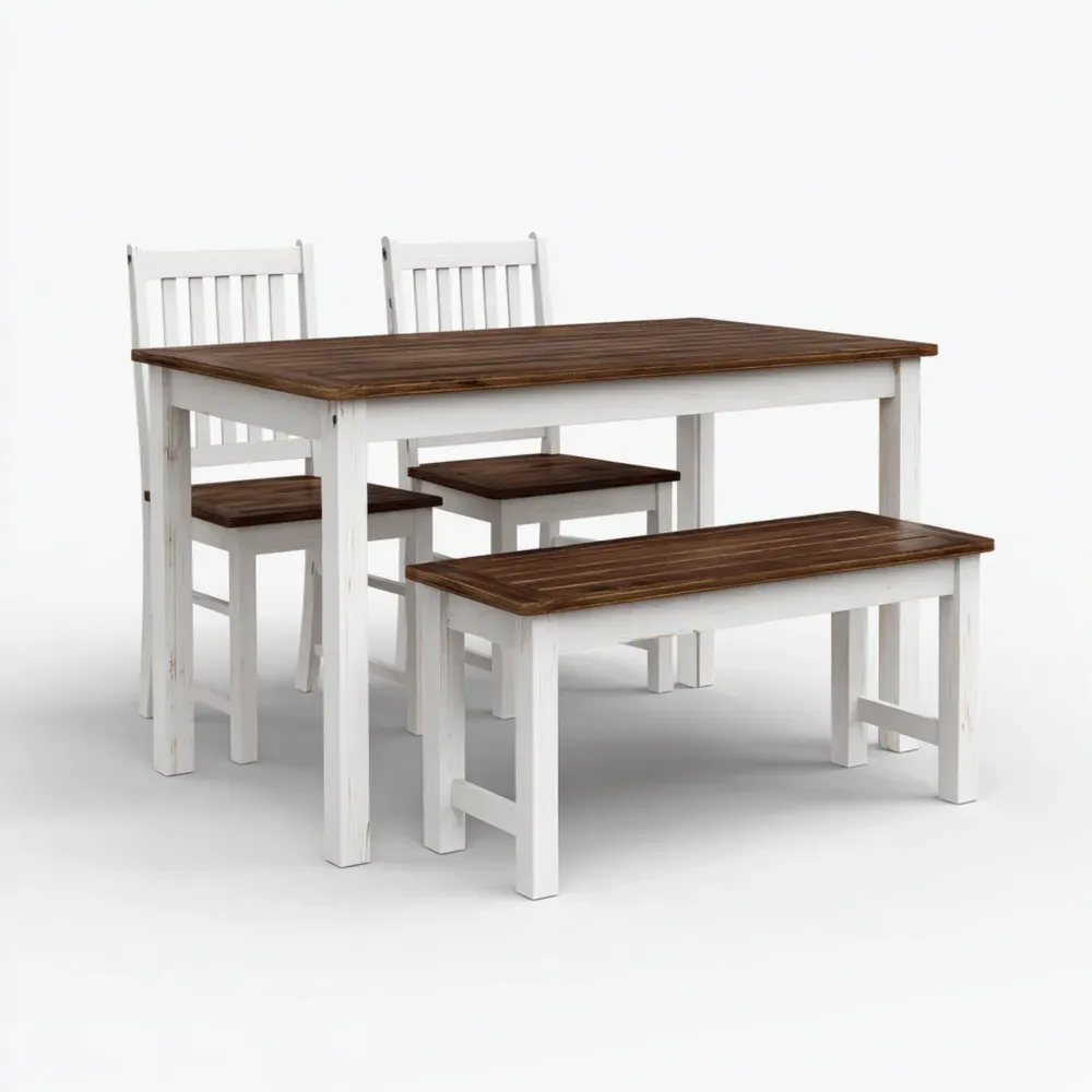 Essgruppe Massivholz 120x75x75 cm – Weiß/Braun – Rustikales Design