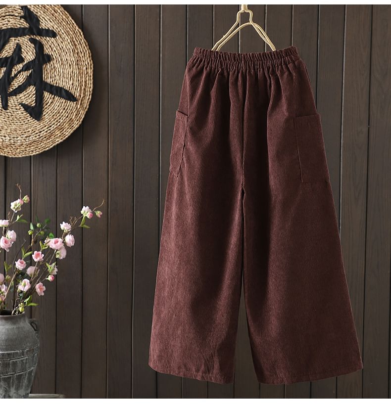 ZIMO - Elastische taille, effen fleecegevoerde corduroy broek met wijde pijpen