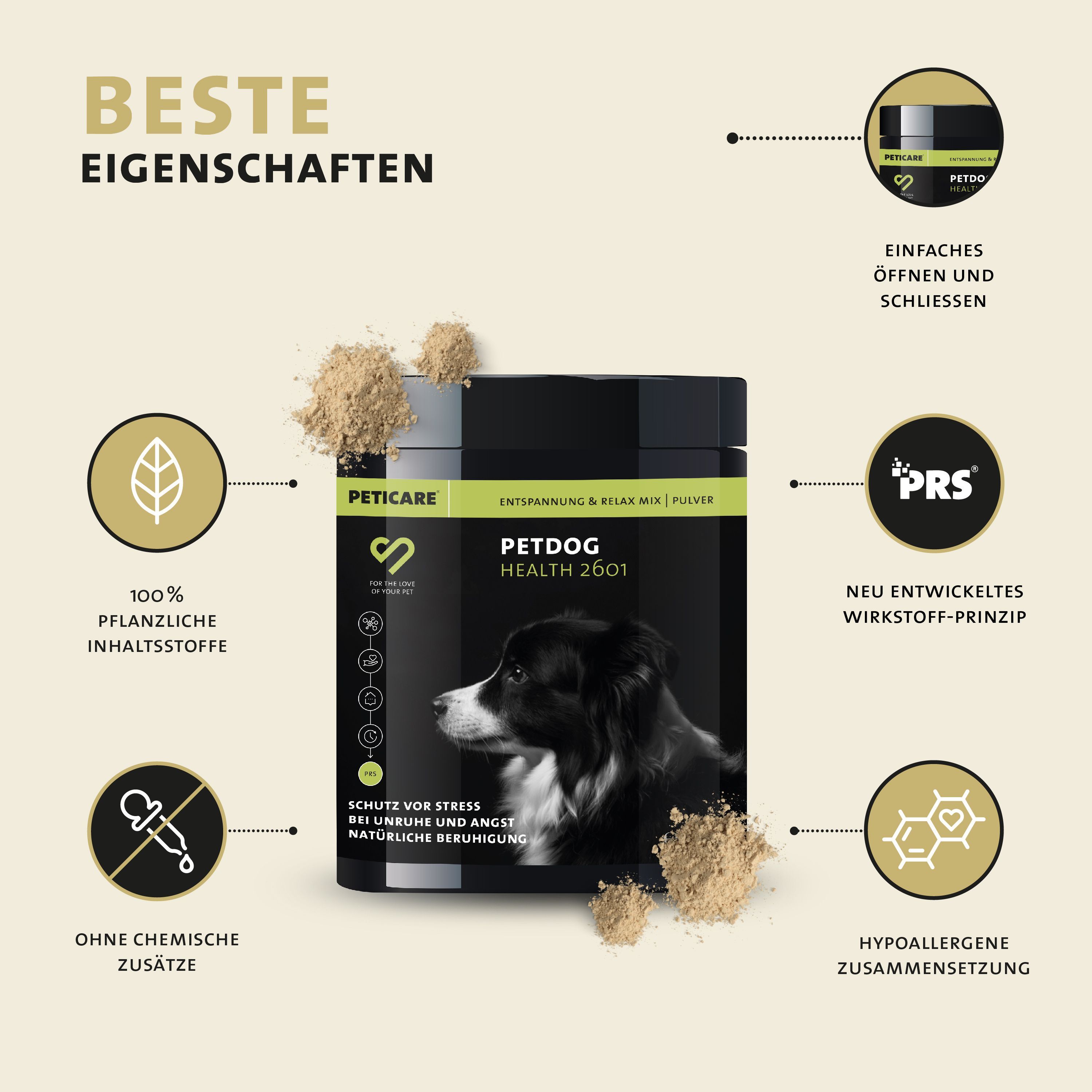 Peticare Relax-Mix Pulver für Hunde, beruhigendes Ergänzungsfutter-Mittel