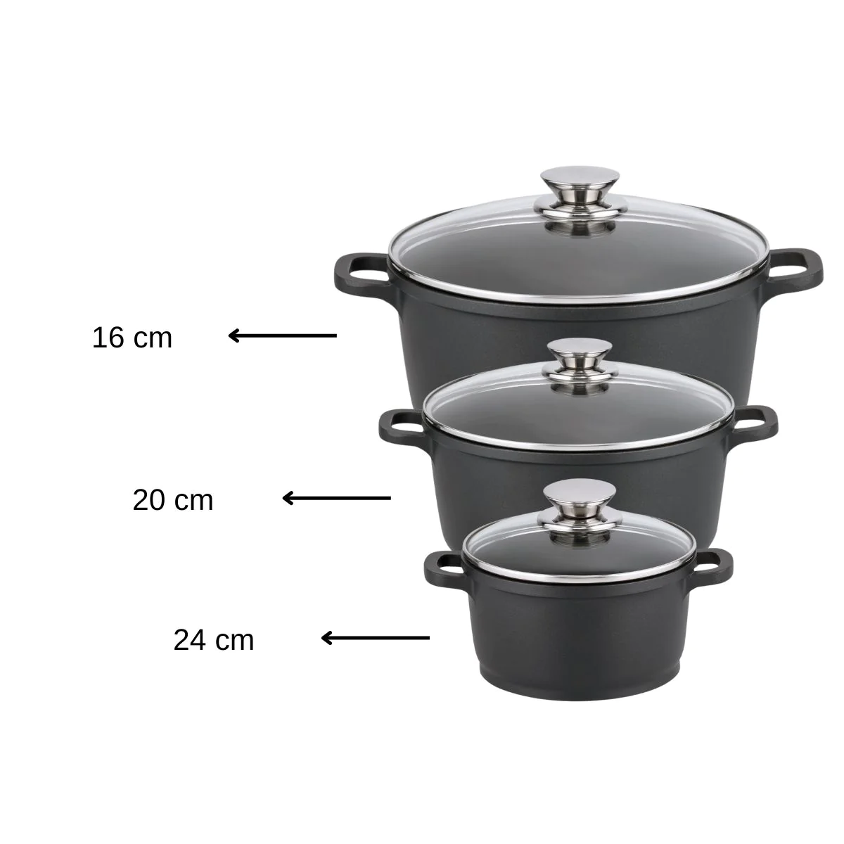 Set de 3 faitouts avec couvercles en verre 16 cm 20 cm et 24 cm Alucas