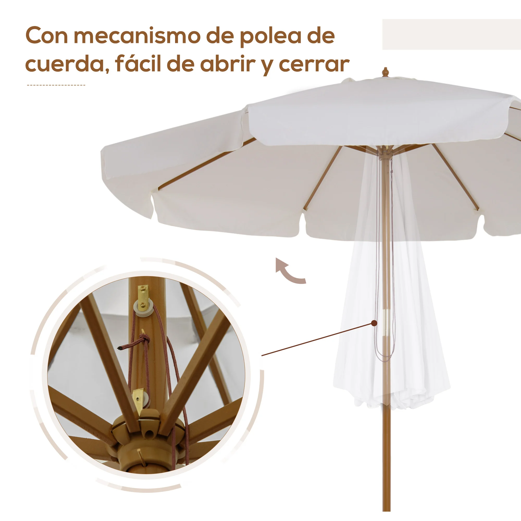 Guarda-sol de jardim Outsunny Ø325x250 cm em madeira com sistema de polias, cobertura ventilada e 8 varetas de bambu para terraço e varanda, cor bege.
