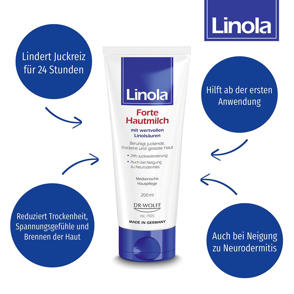 Linola Forte Hautmilch - Creme gegen Juckreiz für trockene, gereizte oder zu Neurodermitis neigende Haut + Linola Gesicht 10ml GRATIS