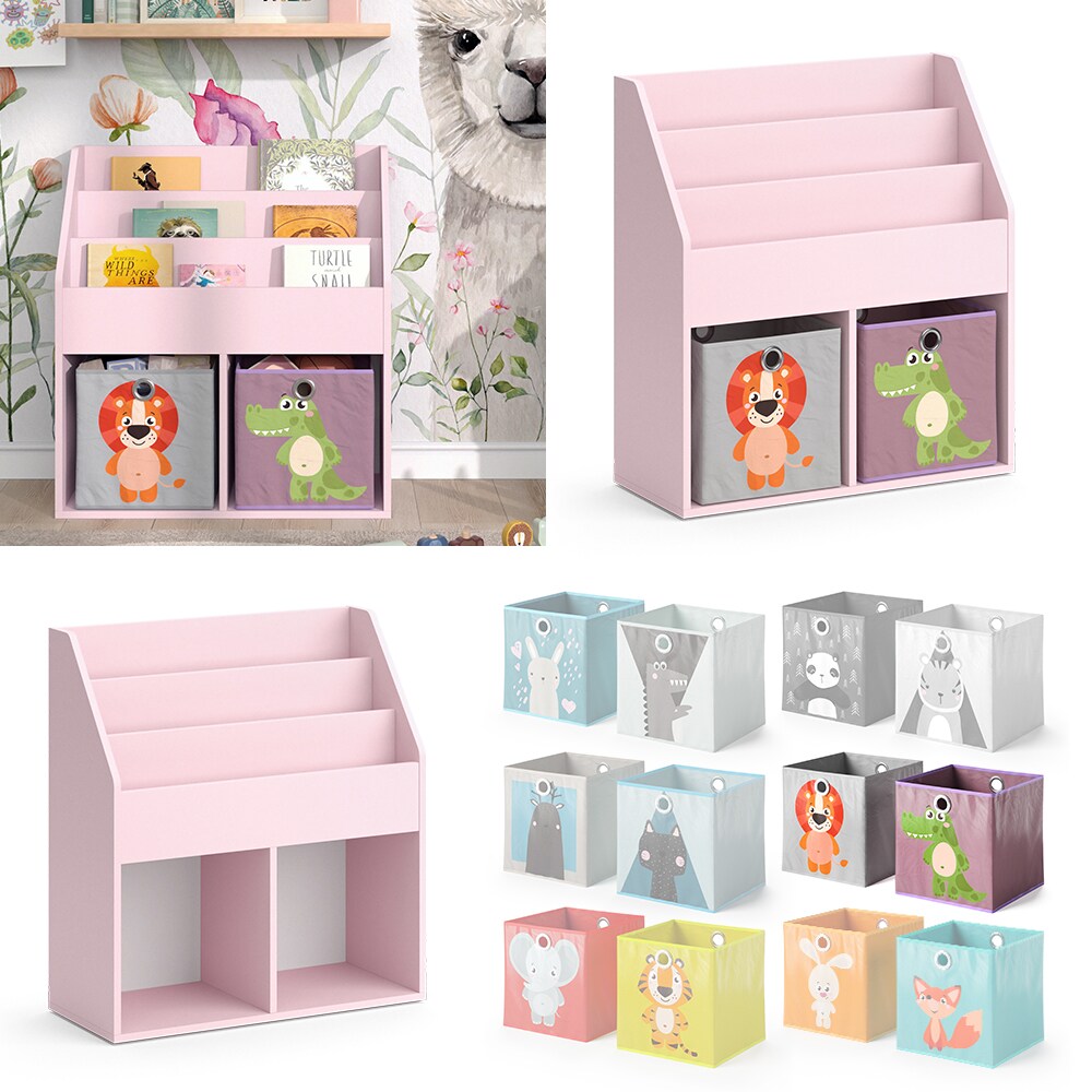 Vicco Kinderbücherregal Luigi 72 x 79 cm, Rosa, Kinderzimmerregal, mit Faltboxen