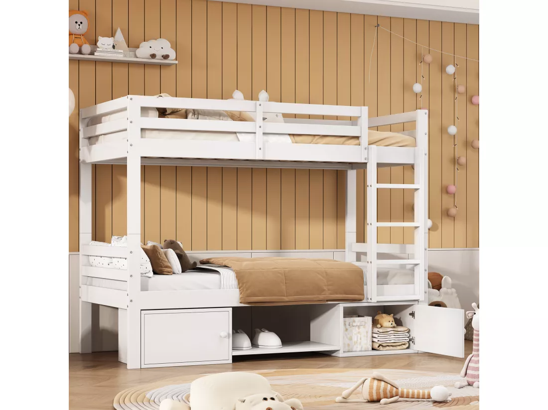 Lit superposé pour enfant - 2x90x200 cm - 2 casiers et étagères à chaussures - blanc