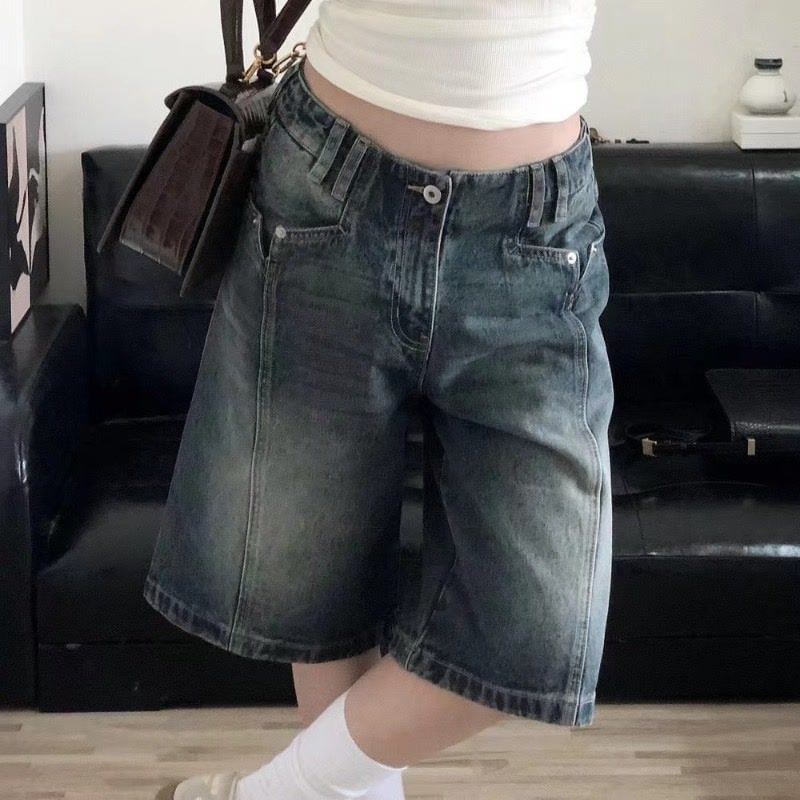 Jerolenea - Low Rise Washed Wide Leg Denim Jorts