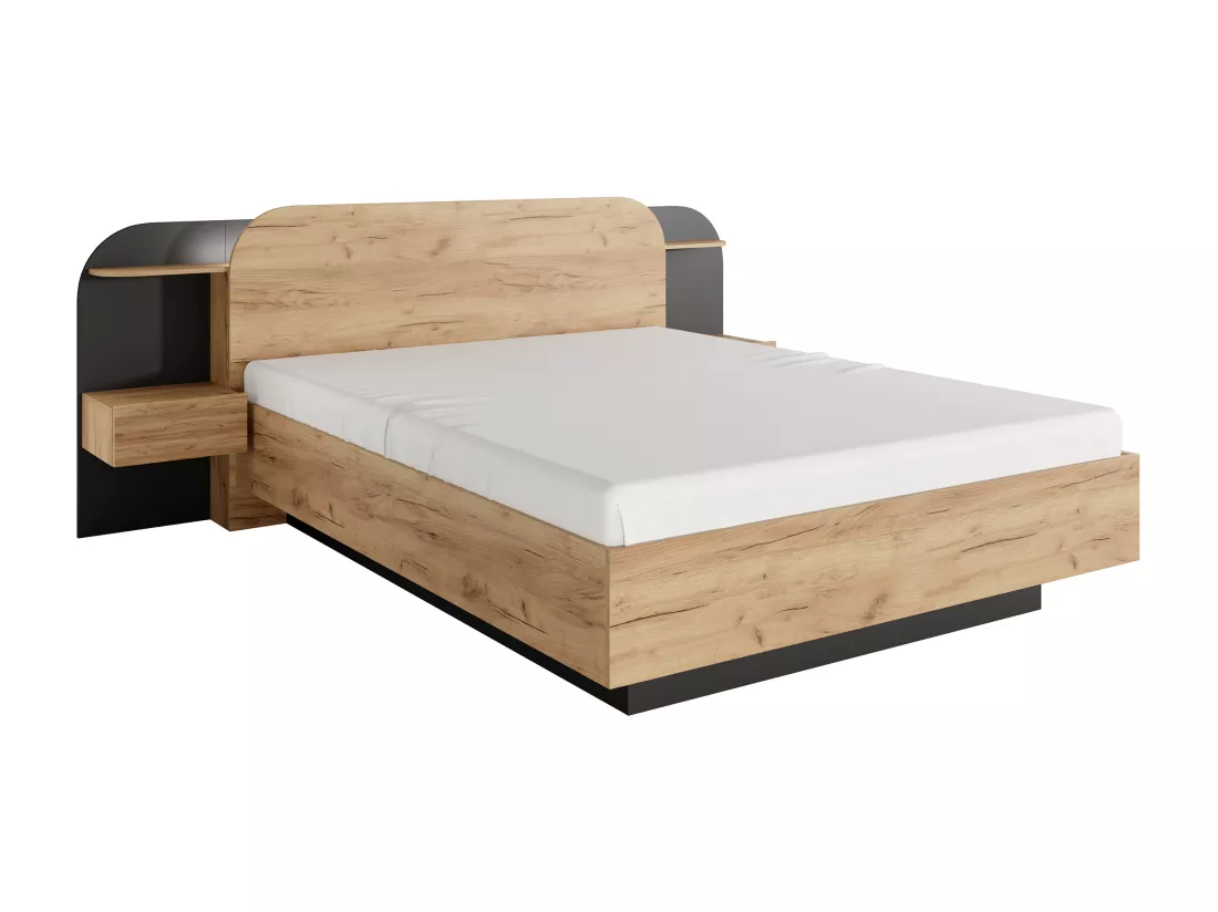 Lit avec chevets 160 x 200 cm - Avec LEDs - Coloris : Naturel et noir + Sommier - JUVISIA