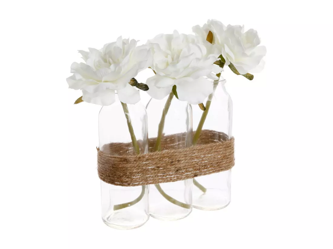Composition artificielle de 3 Roses Blanches dans 3 Vases en verre liés par une corde
