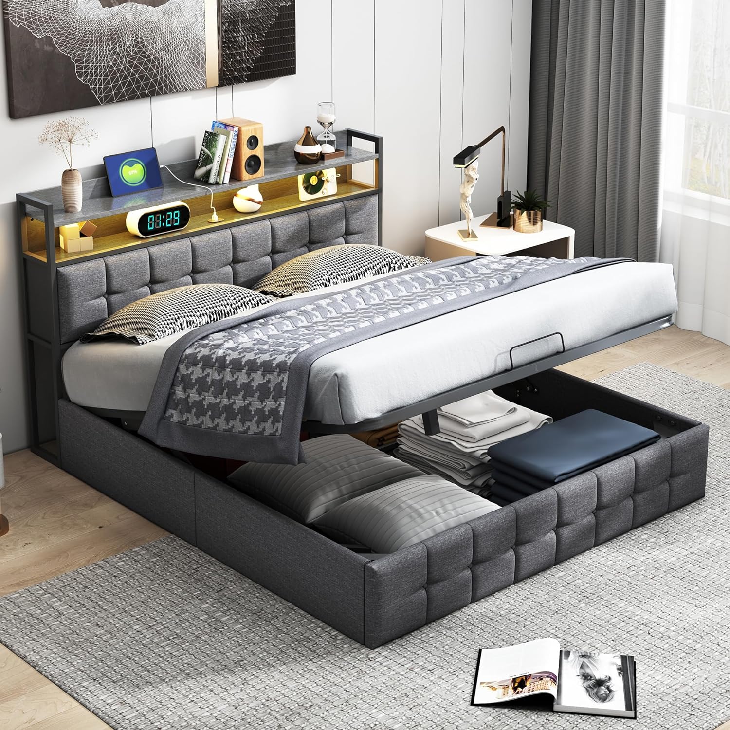 Polsterbett 160x200 cm mit LED,Doppelbett mit Stauraum Kopfteil und USB-C Ladefunktion, Hydraulisch Stauraumbett Rückenlehne Bettgestell mit Lattenrost, Leinen, Grau (Grau-A, 160x200) DA4992496