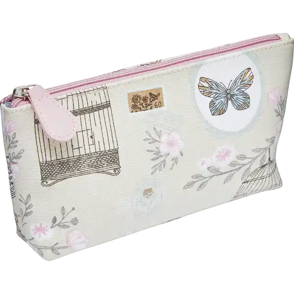 Schminktasche beige Vogelmotiv