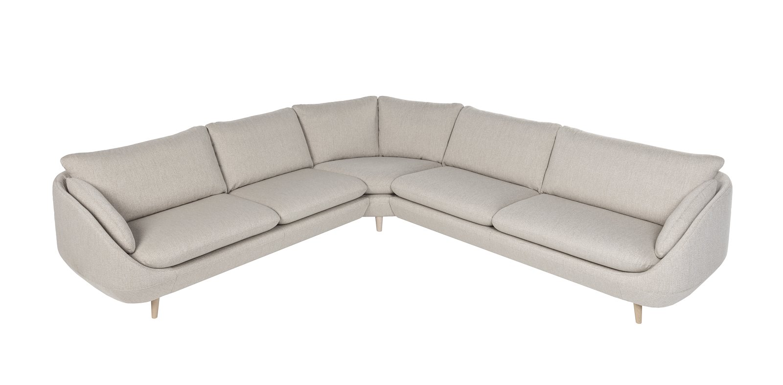 Ross hjørnesofa 3/3,5 hjørnesofa. Tekstil Mosso Kitt med hvitpigmenterte ben 516