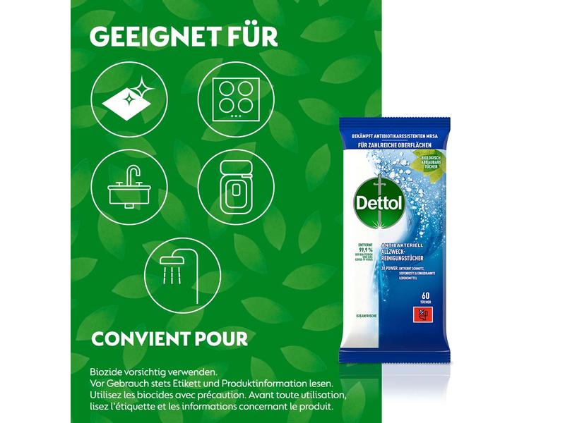 Dettol Allzweck-Reinigungstücher Ozeanfrische 60 Stück Antibakterieller Oberflächenreiniger mit Ozean-Duft