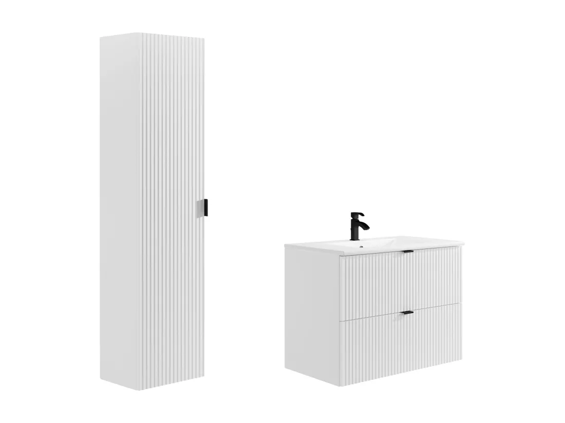Meuble de salle de bain suspendu strié avec vasque à encastrer et colonne - Blanc mat - 80 cm - ZEVINI