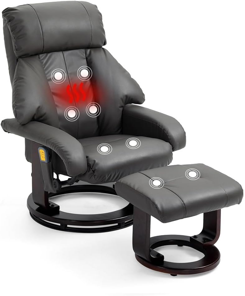 Mingone Fernsehsessel mit Hocker Massagesessel Relaxsessel mit Liegefunktion Elektrisch Wärmefunktion TV-Sessel für Wohnzimmer 360°Drehbar Kunstleder,Grau