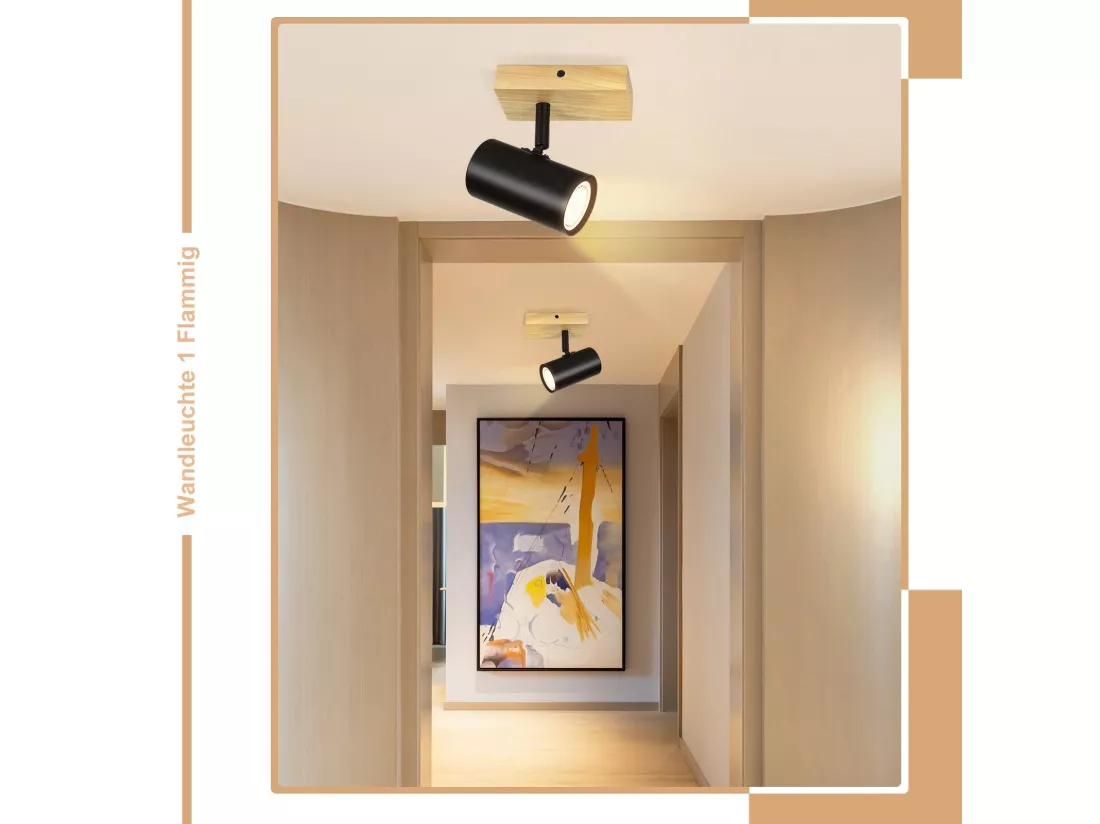 NETTLIFE Plafonnier 1 flamme Bois - Noir Plafonnier couloir Métal Rétro GU10 350°Plot de plafond pivotant Max.40W