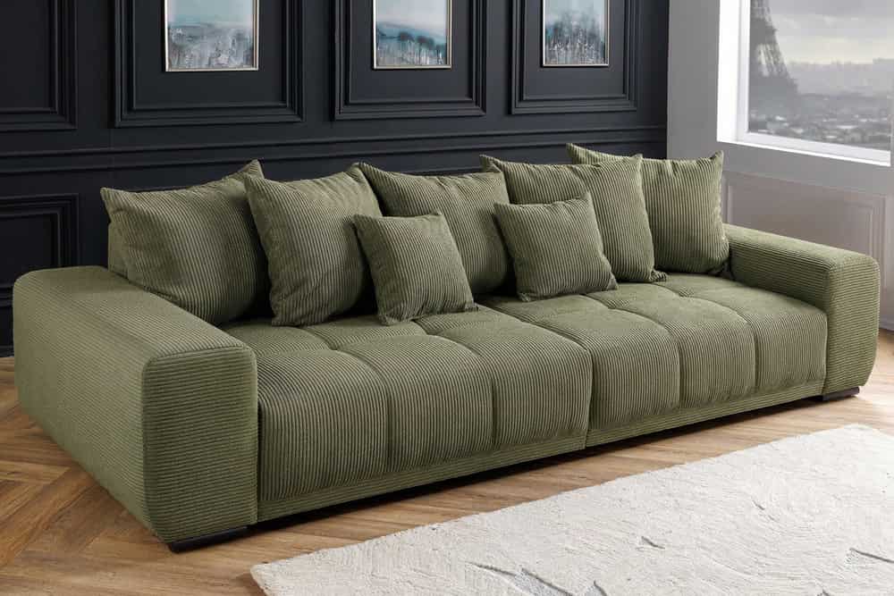 Modernes XXL Sofa ELEGANCIA 285cm grün Cord Federkern inklusive Kissen Bigsofa