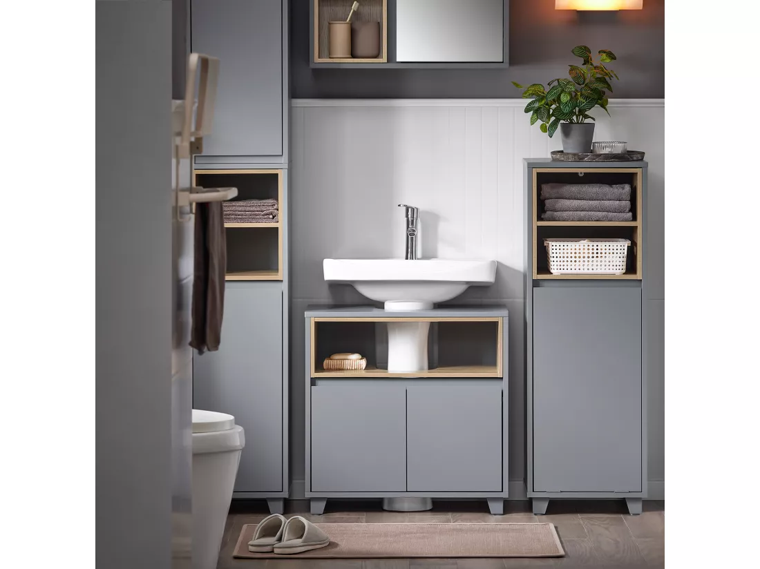 SoBuy BZR148-DG Meuble sous Lavabo de Salle de Bain, Meuble sous Vasque à 2 Portes, Placard Armoire de Rangement Meuble évier de Cuisine, L60 x P30 x H61 cm, Gris
