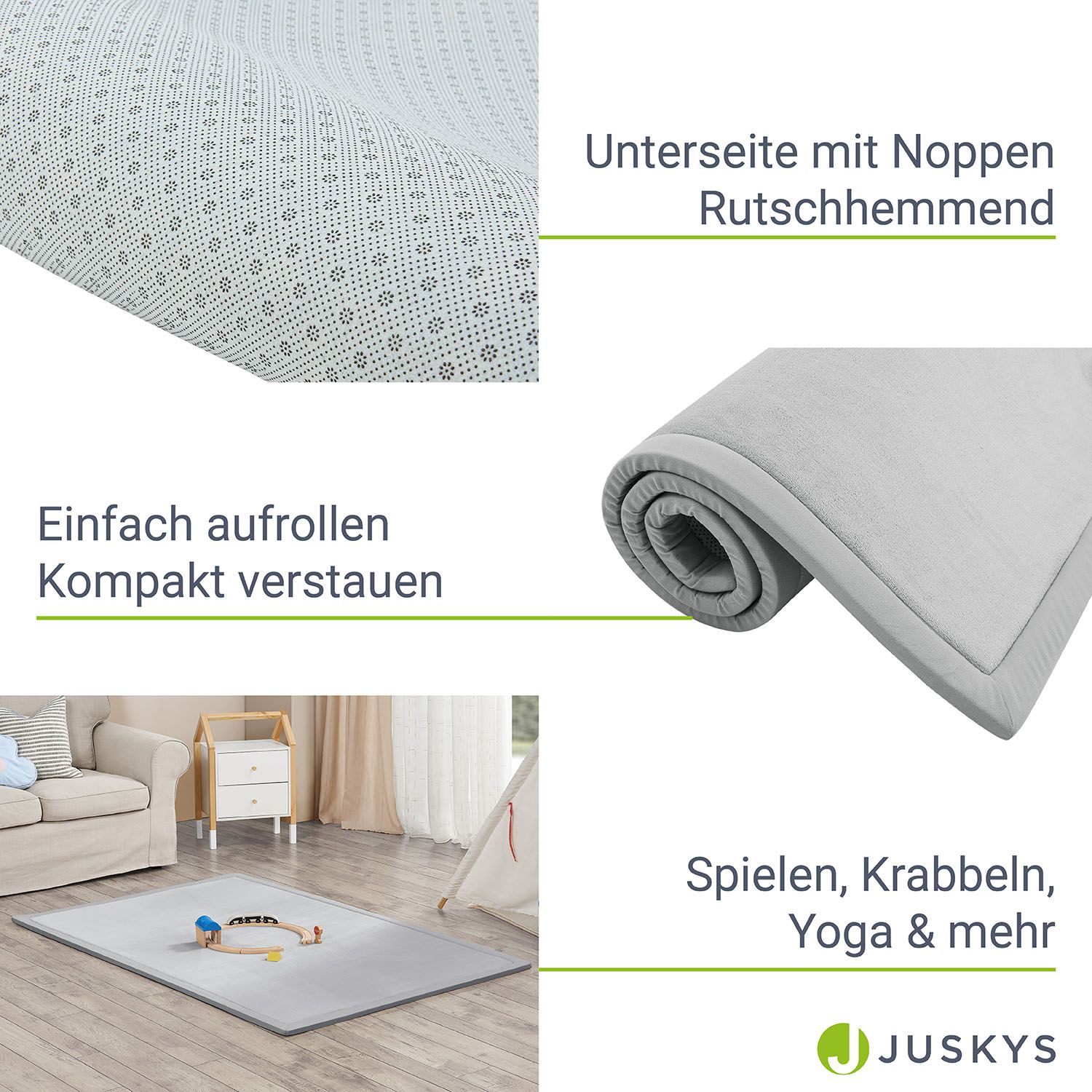 Juskys Krabbelmatte Maila Spielmatte 180x120 cm Yogamatte für Kind, Baby - rutschfest, weich - Grau