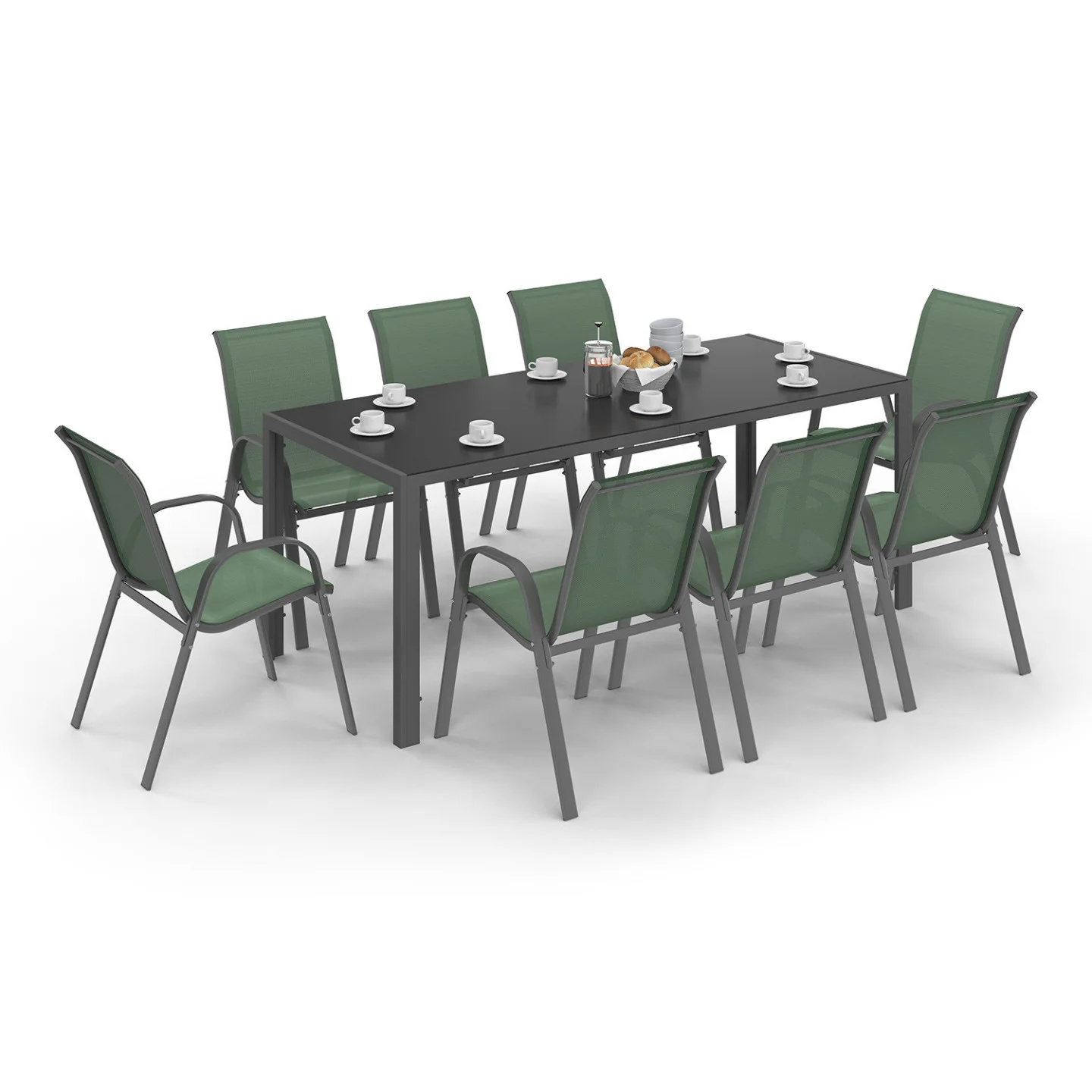 Salon de jardin MADRID table 190 cm et 8 chaises empilables vert olive