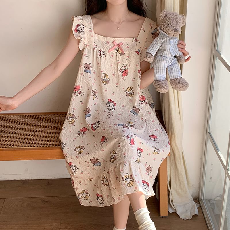 Sweetzer - Pyjamatop met kapmouwen, vierkante hals, cartoonprint en strik / Loungeshorts / Midi-slaapjurk / Set