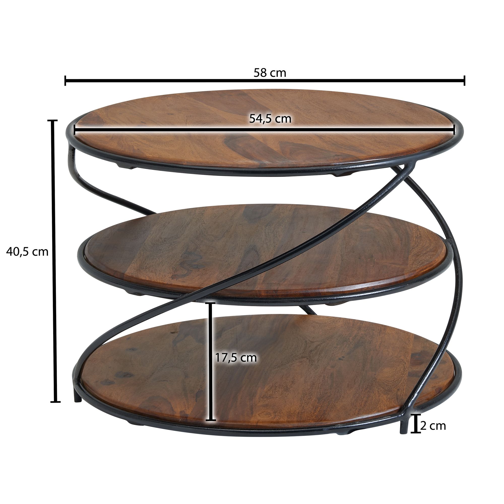 KADIMA DESIGN Sheesham-Massivholz Couchtisch, außergewöhnliches Design, 58x58 cm, 3 Ablageflächen, Robust