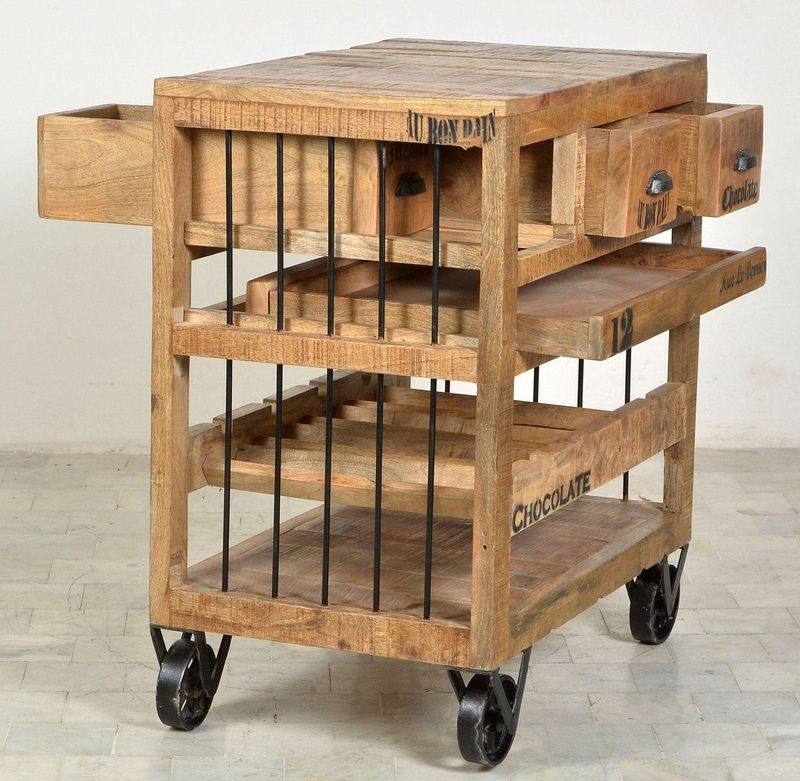 SIT Möbel - Wijnrek - Massief Hout - Mango Natuurlijk - Antiek Zwart Beslag - 4 Flessen