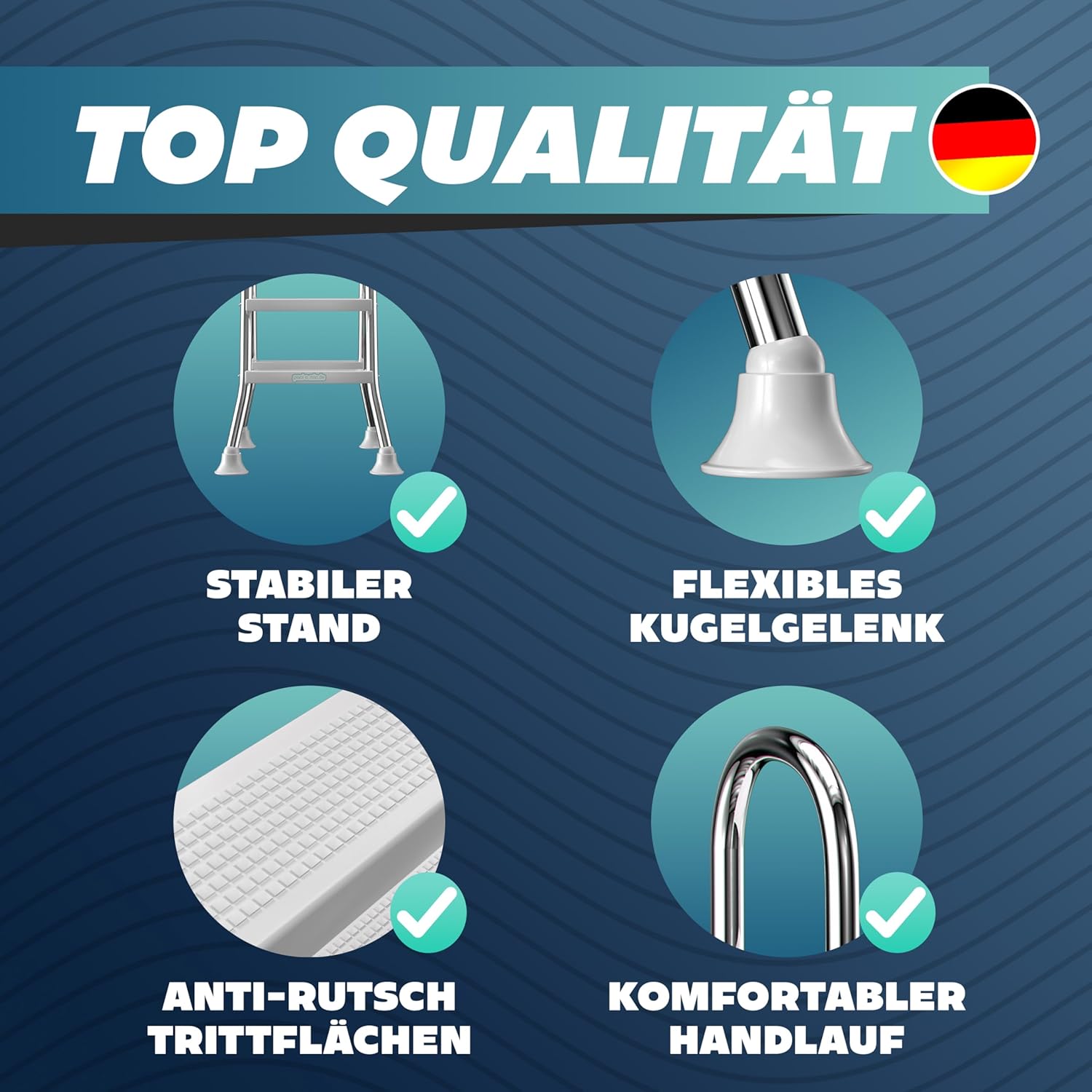 poolomio® Poolleiter Edelstahl mit Handlauf bis 120 cm | Einstiegsleiter mit 3 Stufen für Aufstellpools von 0,9 m bis 1,22 m | sicherer Einstieg, langlebig, stabil | Sicherheitsleiter Traglast 150 kg