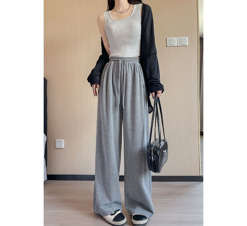 evanesce - High Rise Plain Drawstring Drape Wide Leg Sweatpants