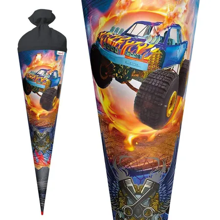 Roth Motiv-Schultüte, Monstertruck Fire, 70cm, rund, Rot(h)-Spitze, Filzverschluss