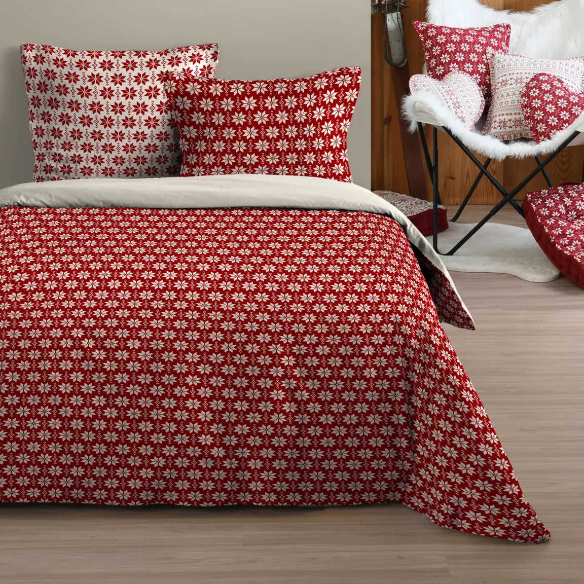 Housse de couette et deux taies coton (240 x 220 cm) Valgenis Rouge