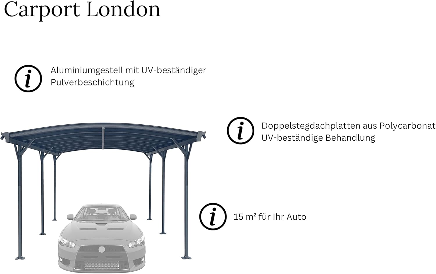 Design Carport London Aluminium Doppelstegplatten Beschichtung gegen UV-Strahlung, Farbe wählen:Grau