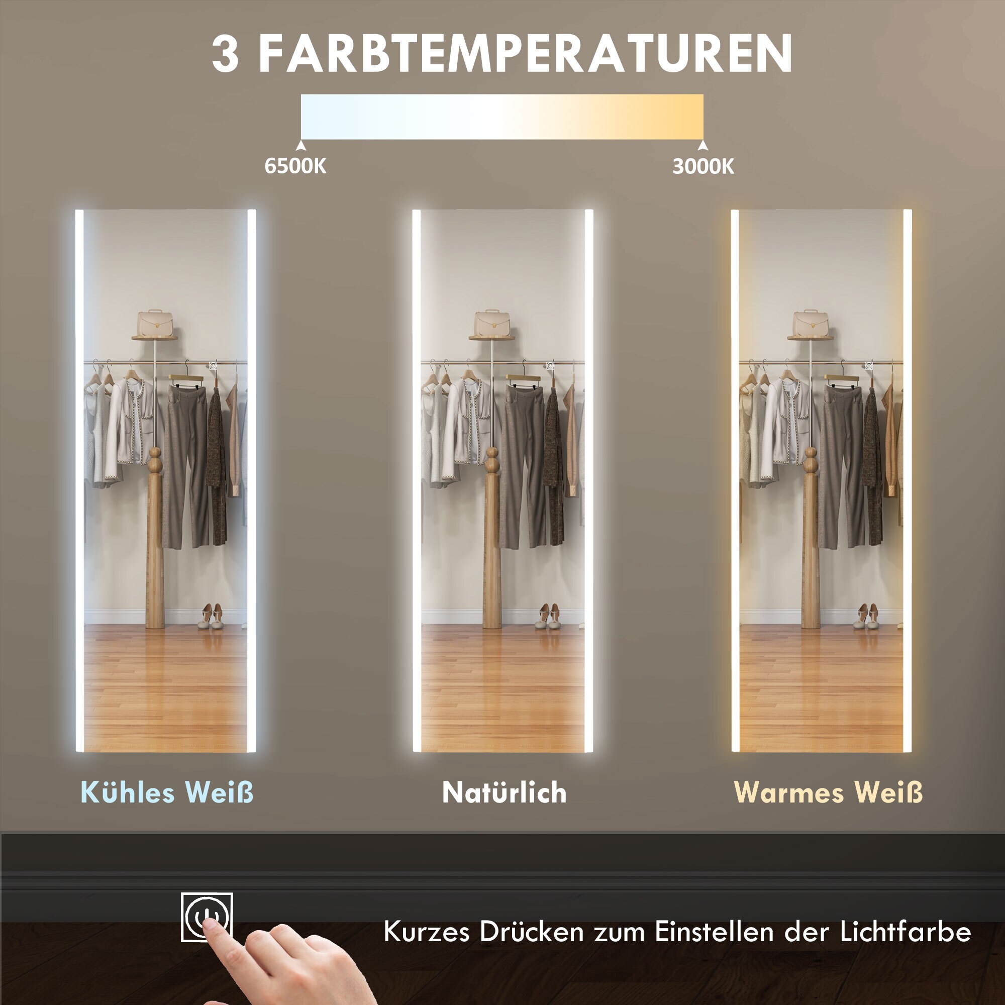 HOMCOM Ganzkörperspiegel mit LED-Leuchte weiß 150L x 50B x 2,9H cm