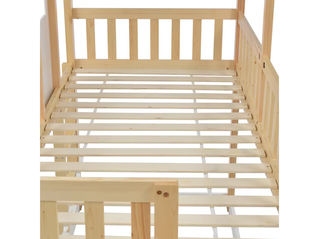 Lit superposé pour enfant 90 x 200 cm avec toboggan + sommier, coloris: naturel et blanc