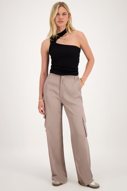 Taupe cargo wide leg met satijnen look