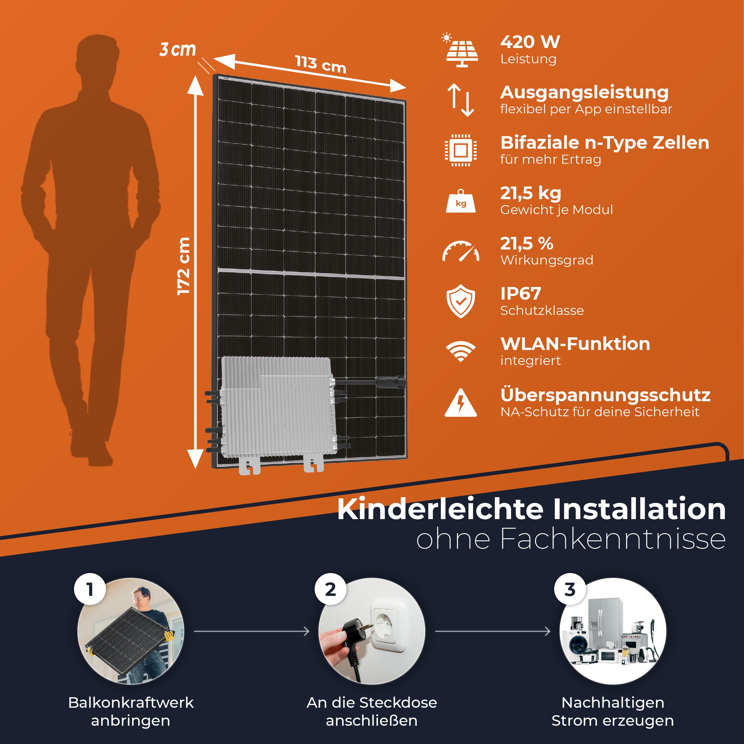 Solarway All In One 1760W Balkonkraftwerk komplett Solarpaket mit 1,6 kWh Anker Solix 2 PRO Speicher, Plug&Play