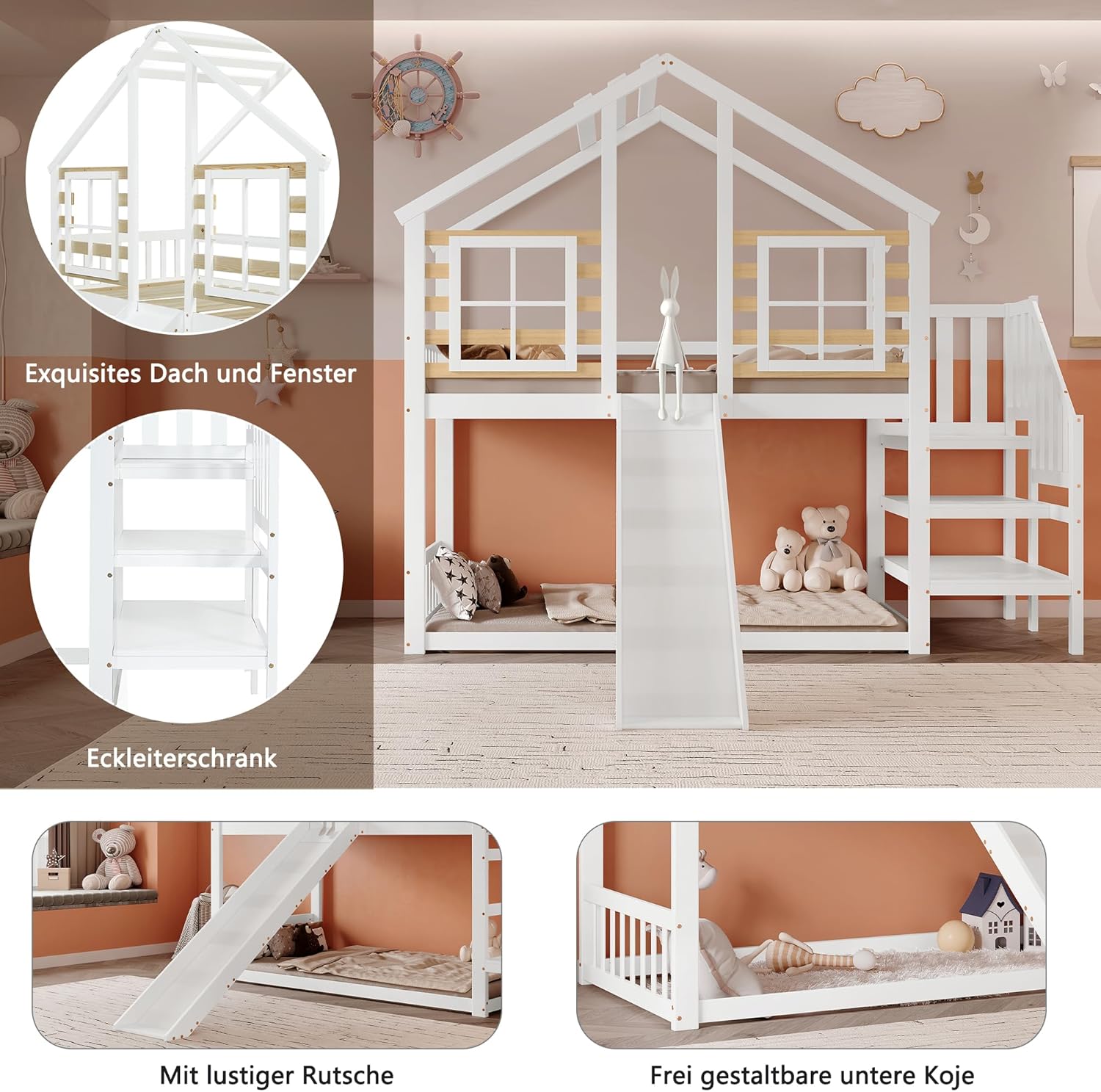 Hochbett Kinderbett 90x200 cm mit Rausfallschutz und Rutsche, Hausbett mit Freiraum unter dem Bett, Etagenbett mit Treppe und Fenster, Holzbett Bettgestell mit Lattenrost, Weiß, Ohne Matratze