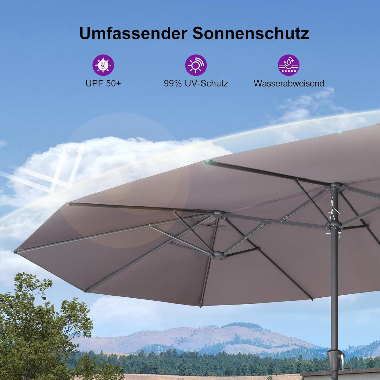PURPLE LEAF 455 x 270 cm Doppelsonnenschirm Groß, Sonnenschirm XXL mit Kurbel Rechteckig Marktschirm für Terrasse, Balkon, Garten, Gestell Stahl, UV Schutz, Hellgrau