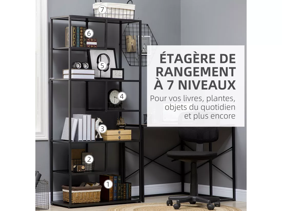 Bibliothèque étagère de rangement à 7 niveaux style industriel acier bois noir