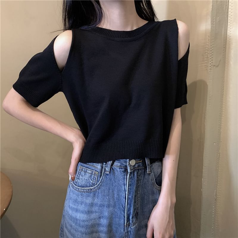 Shinsei - Kort mouwloos, schouderloos, effen gebreide crop top