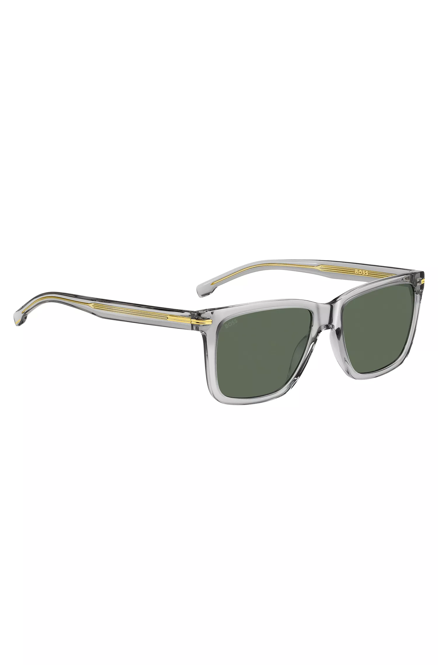 Óculos de sol BOSS em acetato preto transparente com detalhes exclusivos.