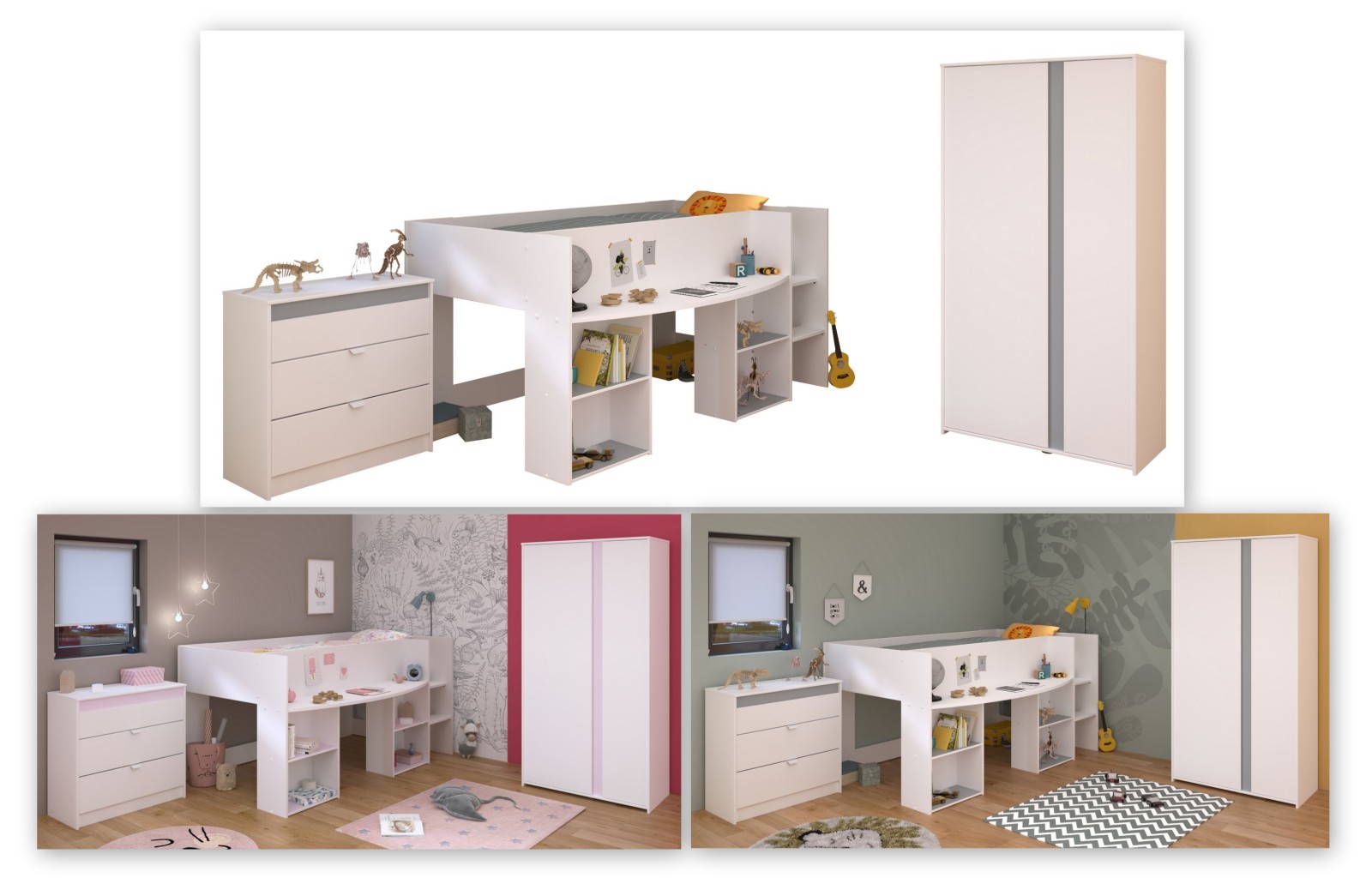 3-teiliges Kinderzimmer PIROUETTE 12 - weiß -rosa oder grau - 90x200 cm