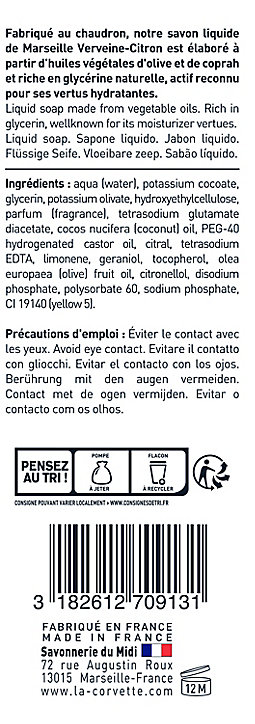 Savon de Marseille liquide La Corvette Savonnerie du midi verveine citron 1L