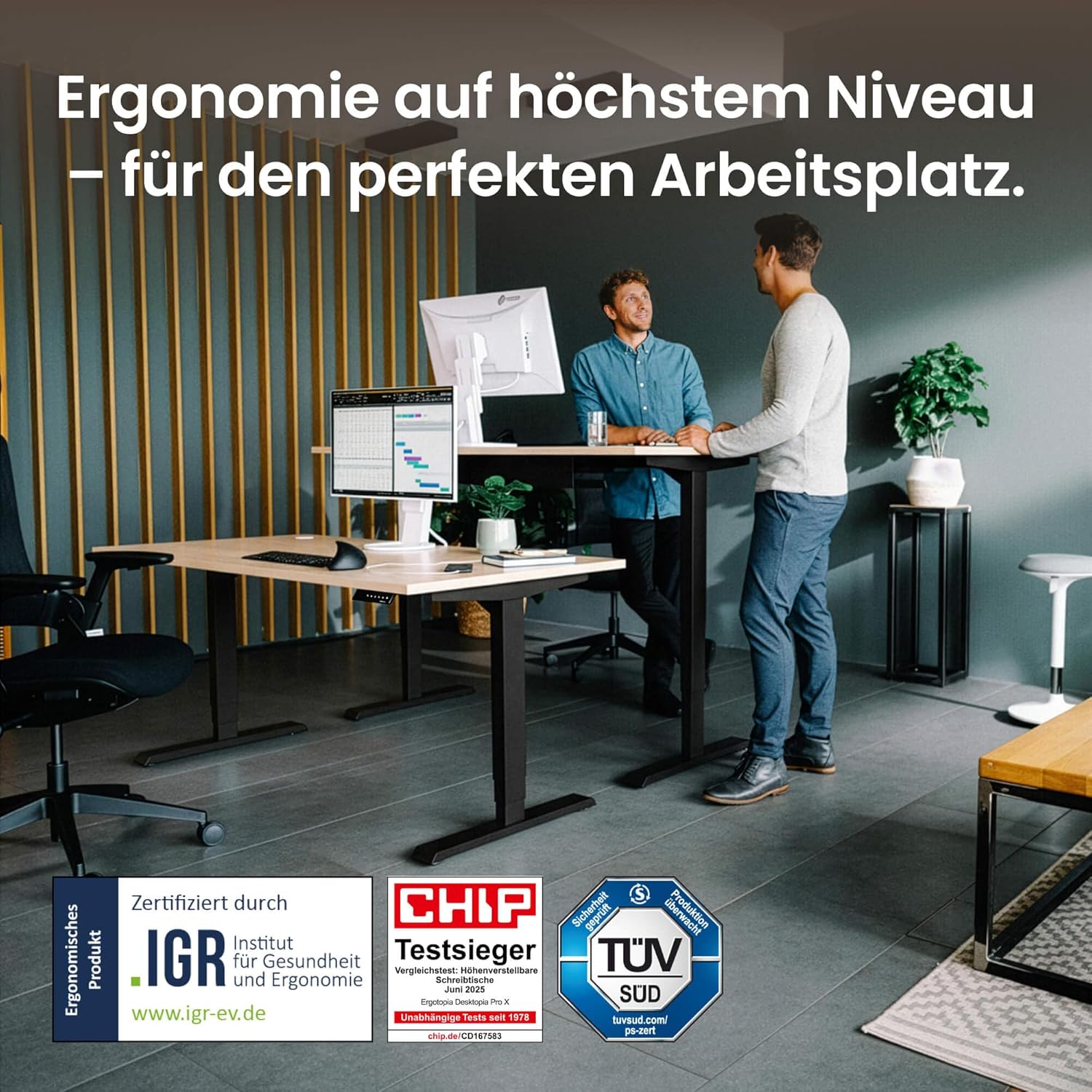 Ergotopia Desktopia Pro X Elektrisch höhenverstellbarer Schreibtisch, Ergonomischer Stehtisch für Büro oder Home Office (Buche, Gestell Schwarz, 160 x 80 cm)