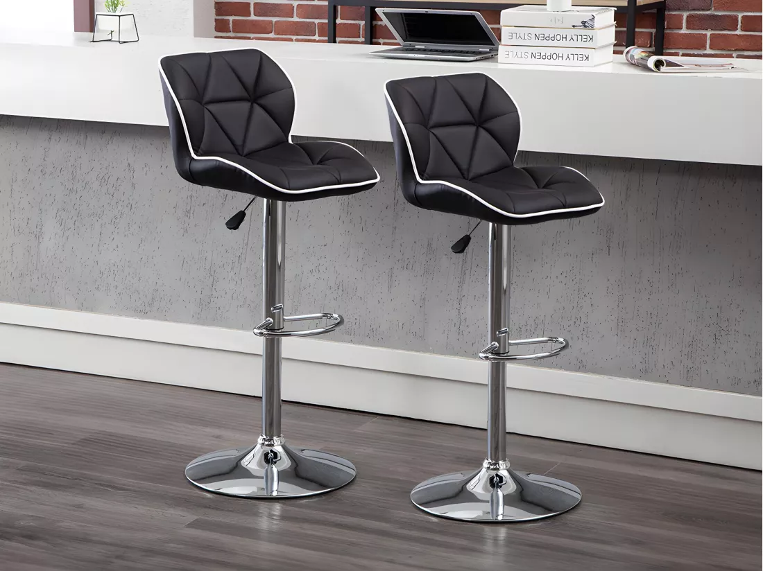 Lot de 2 tabourets de bar en simili et acier chromé - Hauteur réglable - Noir et argent - CALVIN