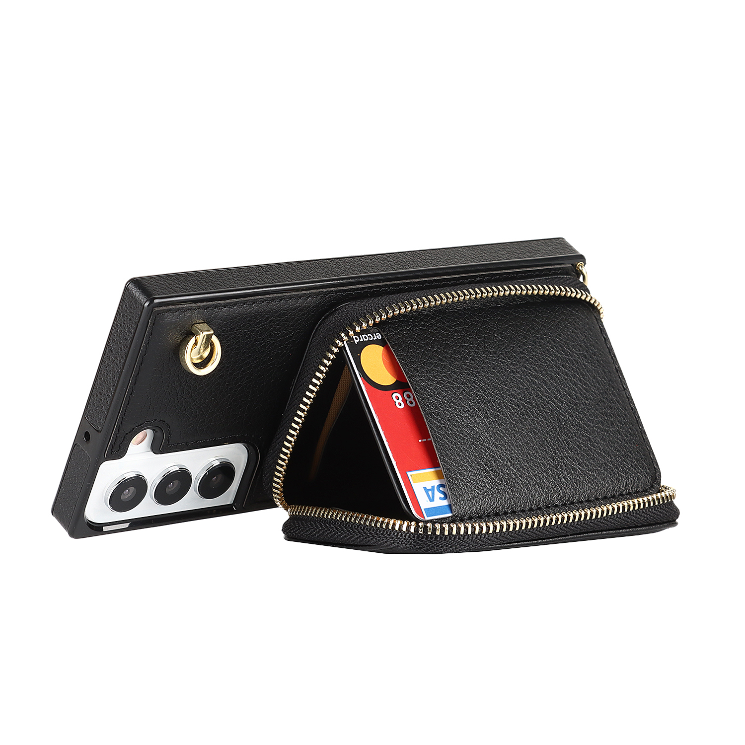 Samsung Galaxy S22 5G Necklace Leder Schutz Hülle mit Kartenfächer   Handykette (140cm) - Schwarz