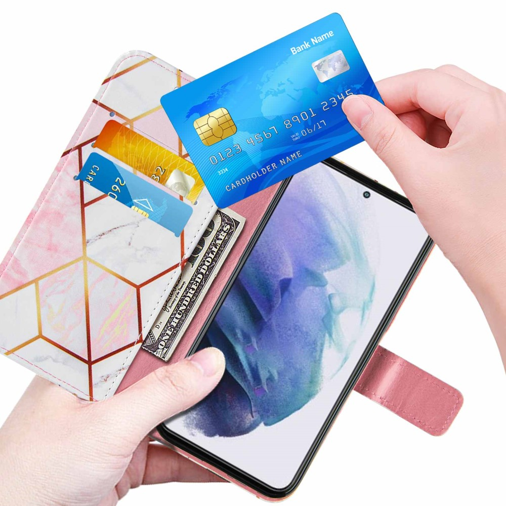 Samsung Galaxy S22 5G Leder Tasche mit Kartenfach   Handschlaufe Geometrisches Muster - Rosa / Weiss