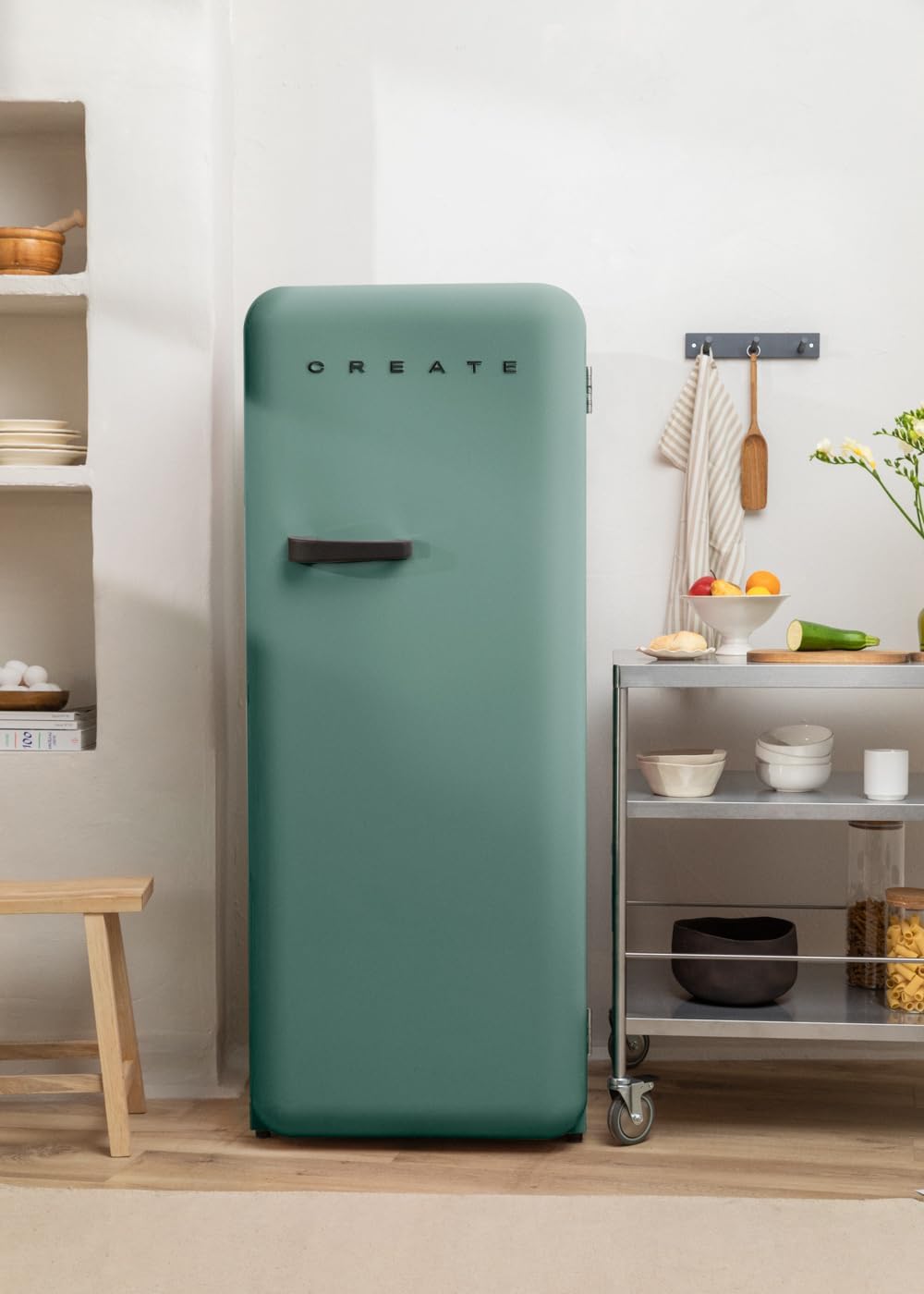 CREATE / RETRO FRIDGE 150 SCHWARZ/Kühlschrank mit Gefrierfach 281L in Salbeigrün, Griff Schwarz / 102W, niedriger Energieverbrauch, 150cm, 3 Ablagen, Temperaturregelung,60x60x150cm